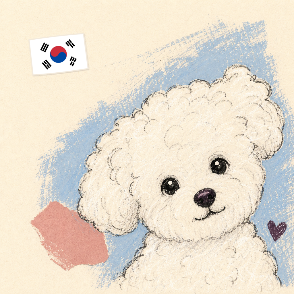 Hand-drawn Bichon Frise beside an accurate Korean flag card