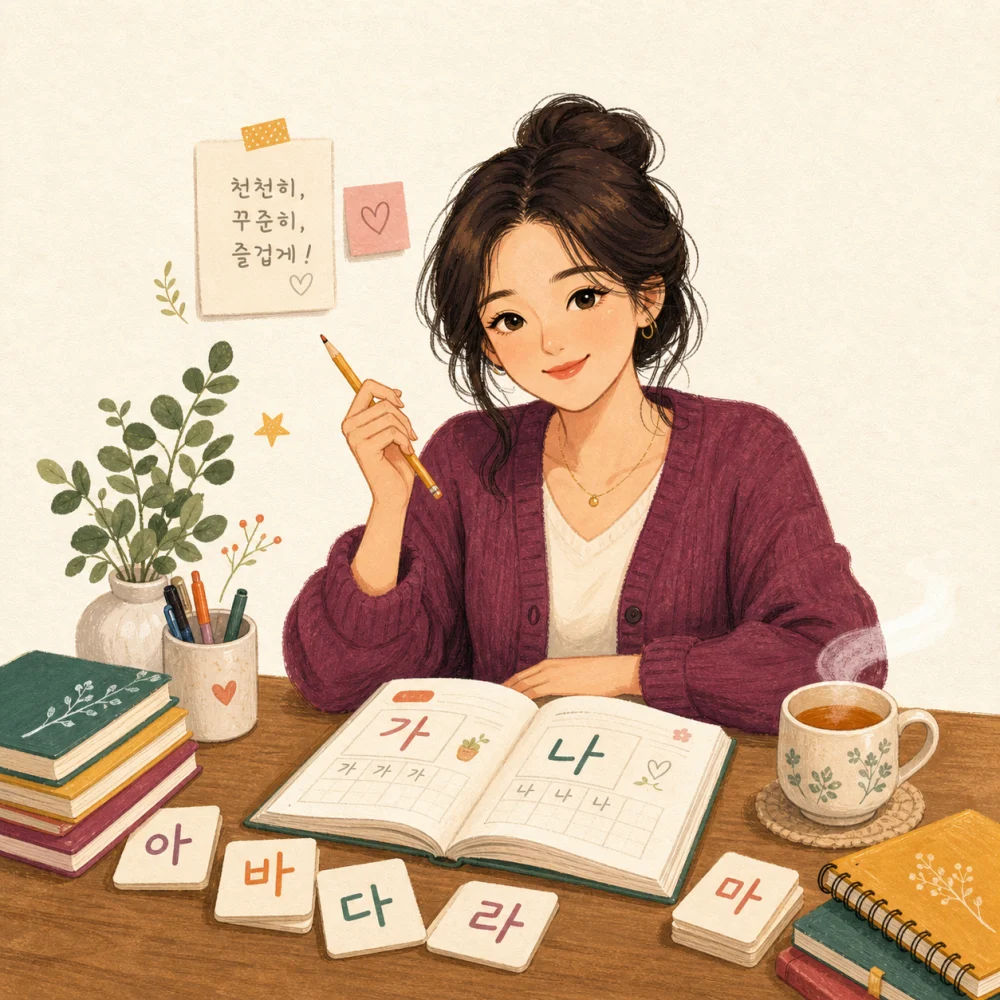 An illustrated Korean teacher at a cozy desk with a workbook, flashcards, and tea